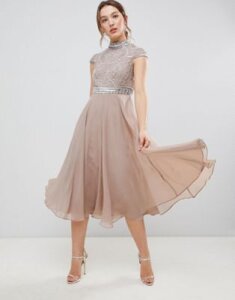 ASOS DESIGN Premium Short Sleeve Midi Dress With Heavily Embellished Bodice-Pink