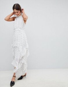 ASOS DESIGN Premium Spot High Neck Ruffle Maxi Dress-Multi