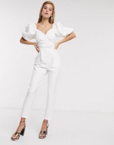 ASOS DESIGN puff sleeve jumpsuit with lace up back detail-White