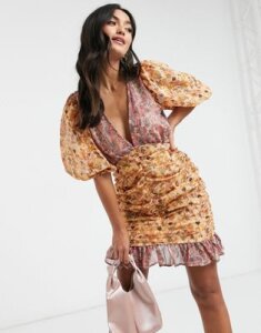 ASOS DESIGN puff sleeve mini dress with shirred skirt in floral metallic-Multi