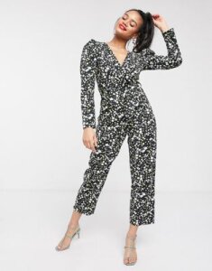 ASOS DESIGN puff sleeve wrap jumpsuit in ditsy floral print-Multi