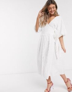 ASOS DESIGN puff sleeve wrap midi dress in textured dobby in ivory-White