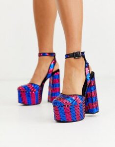 ASOS DESIGN Punch chunky platform high block heels in striped sequin-Multi