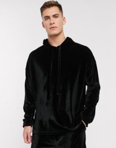 ASOS DESIGN pyjama short and oversized hoodie set in black velour-Beige