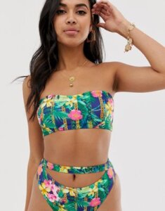 ASOS DESIGN recycled cut out bandeau bikini top in glam tropical chain print-Multi
