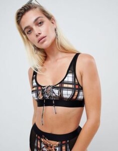 ASOS DESIGN recycled Fishnet Insert Contrast Lace Up Front Crop Bikini Top in Check Print-Multi