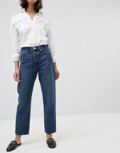 ASOS DESIGN Recycled Florence authentic straight leg jeans in dark stonewash blue with contrast red stitch