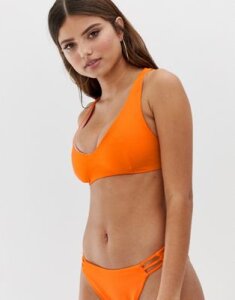 ASOS DESIGN recycled fuller bust lattice back minimal crop bikini top in orange dd-g