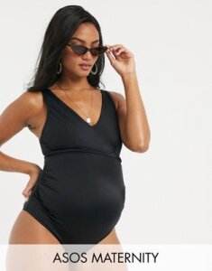 ASOS DESIGN recycled maternity glam belted swimsuit in black