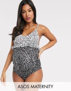 ASOS DESIGN recycled maternity v front frill swimsuit in mixed mono polka dot-Multi