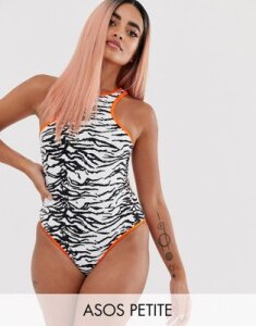 ASOS DESIGN recycled petite high neck swimsuit in mono zebra print with neon contrast-Multi