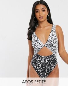 ASOS DESIGN recycled petite twist front cut out swimsuit in mixed mono polka dot-Multi