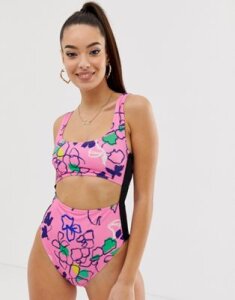 ASOS DESIGN recycled tab side high waist swimsuit in pink outline floral sketch print-Multi