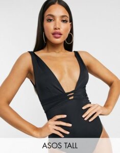 ASOS DESIGN recycled tall glam belted swimsuit in black