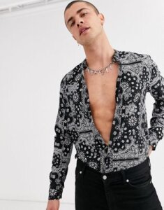 ASOS DESIGN regular fit paisley shirt with grandad collar-Black