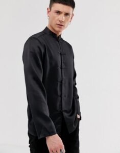 ASOS DESIGN regular fit satin mandarin collar shirt in black