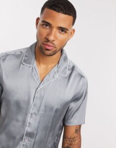 ASOS DESIGN regular fit satin shirt with deep revere and piping in silver