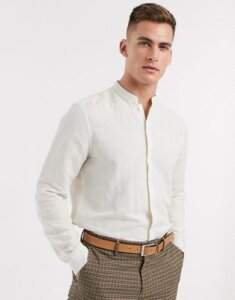 ASOS DESIGN regular fit smart linen shirt with mandarin collar in ecru-Cream