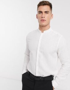 ASOS DESIGN regular fit smart linen shirt with mandarin collar in white