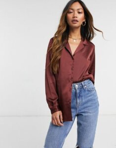 ASOS DESIGN relaxed satin long sleeve shirt in berry-Brown