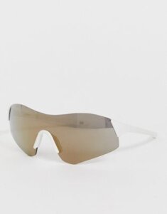 ASOS DESIGN rimless wrap visor sunglasses with gold flash lens-White