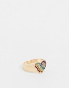 ASOS DESIGN ring in heart shape with rainbow pave crystal stones in gold tone