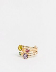 ASOS DESIGN ring with offset rainbow crystals in gold tone