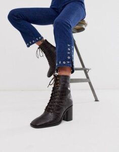 ASOS DESIGN Rivet leather square toe lace up boots in brown croc