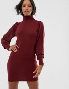 ASOS DESIGN roll neck mini dress with statement sleeve in recycled blend-Red