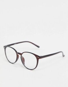 ASOS DESIGN round glasses in brown with clear lens