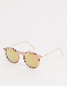 ASOS DESIGN round sunglasses with metal arms in pink marble with flash lens
