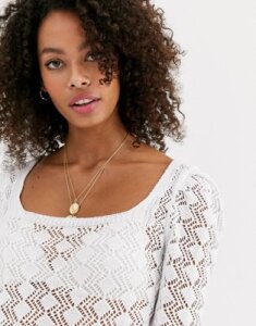 ASOS DESIGN ruched sleeve open stich sweater-White