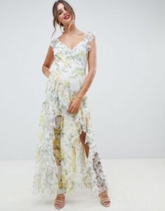 ASOS DESIGN ruffle maxi dress in floral dobby mesh with lace-Multi