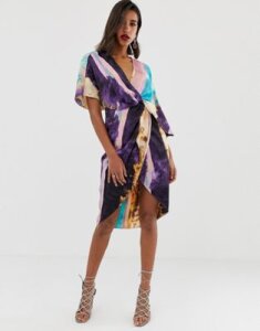 ASOS DESIGN satin kimono midi dress with knot front and asymmetric sleeve in abstract Print-Multi