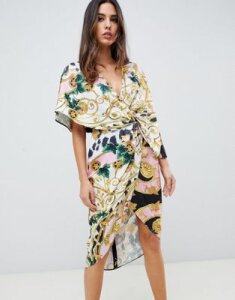 ASOS DESIGN satin kimono midi dress with knot front and asymmetric sleeve in chain print-Multi