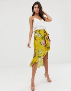 ASOS DESIGN satin midi skirt with waterfall front in yellow floral print-Multi