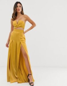 ASOS DESIGN satin wide leg pants two-piece with splits-Gold