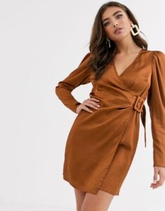 ASOS DESIGN satin wrap mini dress with buckle-Brown