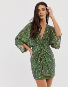ASOS DESIGN scatter sequin knot front kimono mini dress-Green