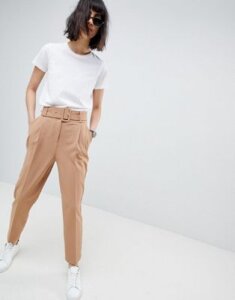 ASOS DESIGN self buckle and belt tapered pants-Stone