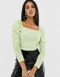 ASOS DESIGN sequin embellished square neck top with puff sleeve-Purple