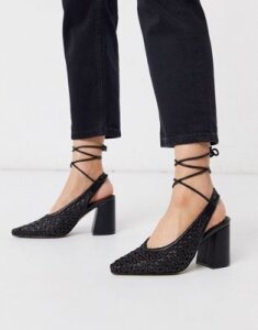 ASOS DESIGN Shay tie leg pointed heels in black weave