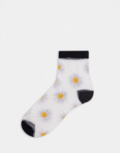 ASOS DESIGN sheer mesh printed daisy ankle sock-White