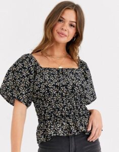 ASOS DESIGN shirred floral top with square neck in linen-Multi