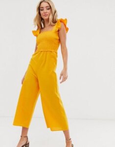 ASOS DESIGN shirred frill sleeve jumpsuit-Orange