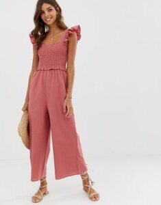 ASOS DESIGN shirred frill sleeve jumpsuit-Pink