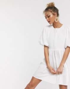 ASOS DESIGN shirred mini smock dress with puff sleeves in texture in white