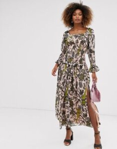 ASOS DESIGN shirred waist and cuff floral print maxi dress-Multi