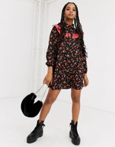 ASOS DESIGN shirt smock mini dress in black floral mixed print-Multi