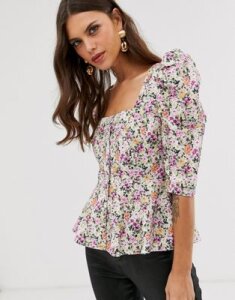 ASOS DESIGN short sleeve tea blouse in vintage floral print with button detail-Multi